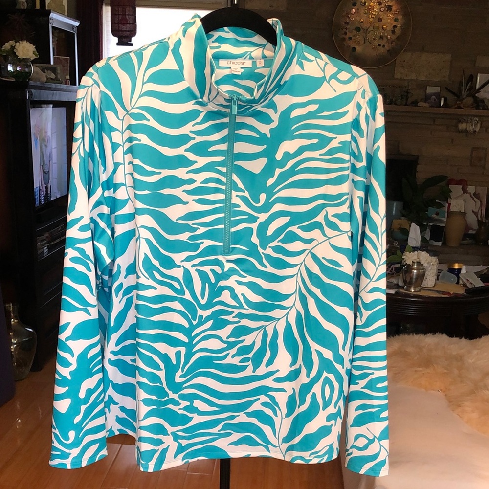 Chico's Turquoise and White Zebra-Print Quarter Zip Top